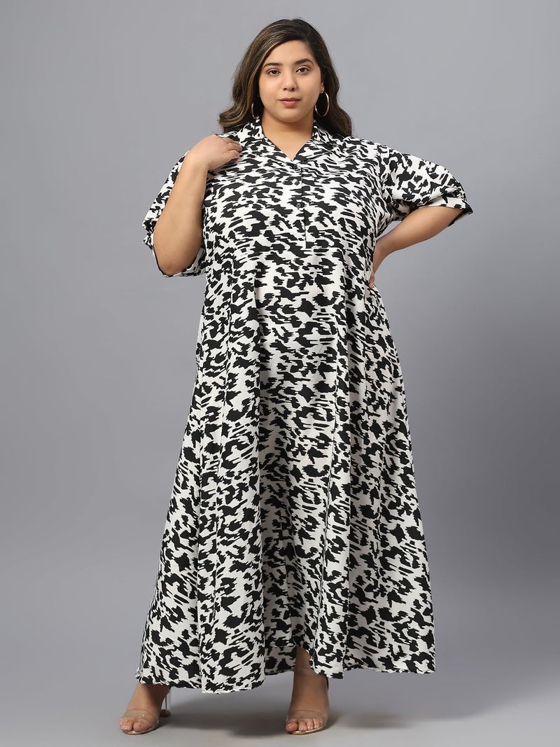 Indietoga Women's Black & White Animal Print Plus Sizes Fit & Flare Long Maxi Dress (P10001490_4XL) - Image 5