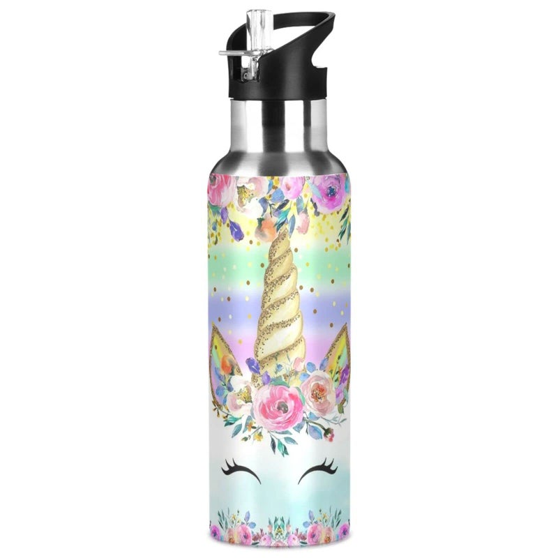 Cute Unicorn Water Bottle Kids Insulated Boys Girls Stainless Steel Hot Cold Water Flask Jug with Straw Lid for Sports Gym Running 20 oz