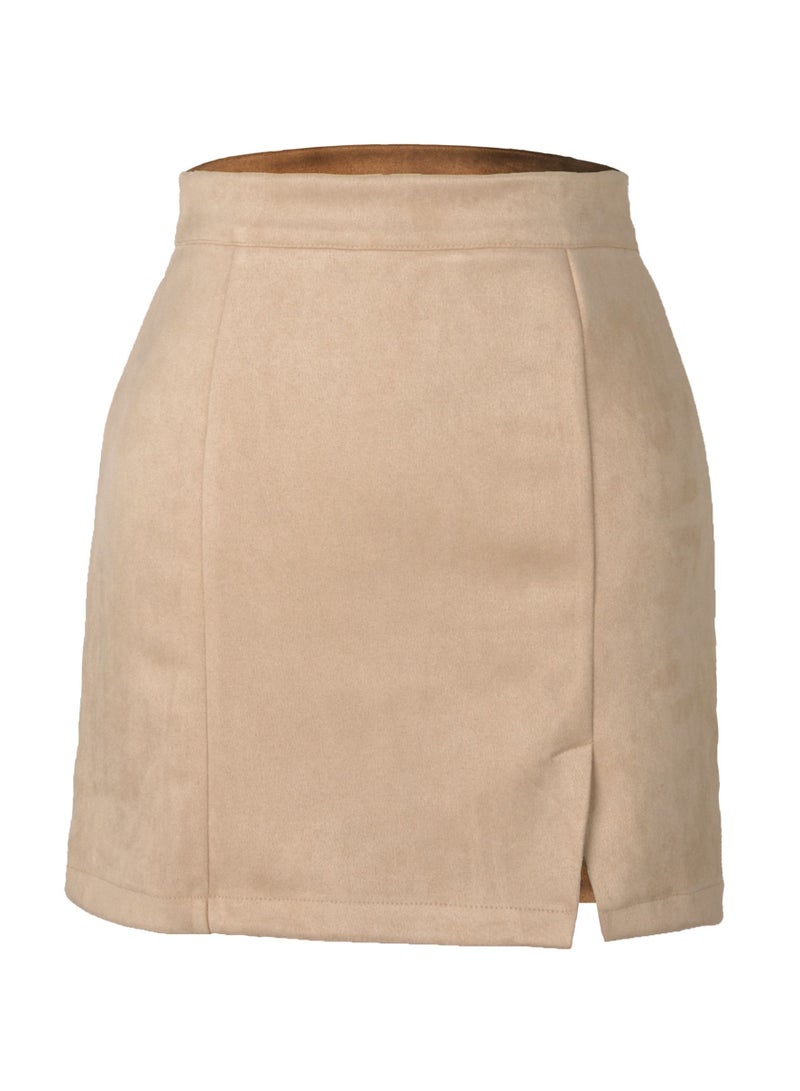 Loquat Women's Hip Wrap High Waist Solid Color Zipper Short Mini Skirts Side Slit Pencil Skirt Beige  - Image 3