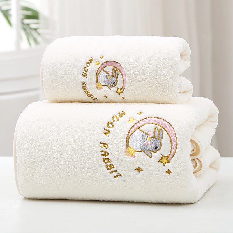 Bath Towel Female Coral Fleece Thickened Adult Absorbent Household Non-Pure Cotton Beach Towel High-End Bath Towel Embroidered Moon Rabbit - Image 1