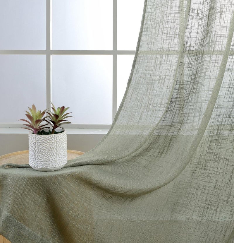 MIUCO Semi Sheer Curtains Poly Linen Textured Solid Grommet Curtains 84 Inches Long for Living Room 2 Panels (2 x 37 Wide x 84" Long) Sage - Image 3