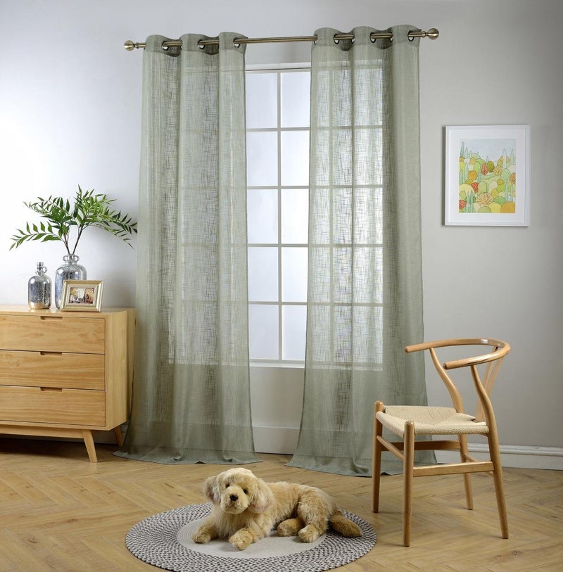 MIUCO Semi Sheer Curtains Poly Linen Textured Solid Grommet Curtains 84 Inches Long for Living Room 2 Panels (2 x 37 Wide x 84" Long) Sage - Image 1