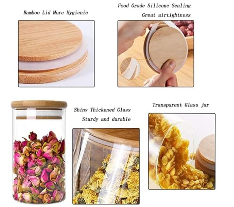 KRIVAL Glass Food Storage Canister with Airtight Bamboo Lid Set of 6 Clear Glass Jar Container with Seal Wooden Lid for Kitchen Pantry Serving Tea Coffee Sugar Flour Spices Round_320 ML - Image 4