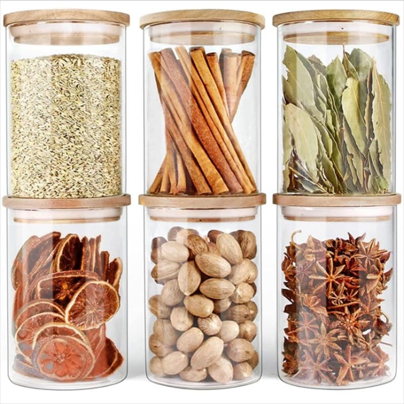KRIVAL Glass Food Storage Canister with Airtight Bamboo Lid Set of 6 Clear Glass Jar Container with Seal Wooden Lid for Kitchen Pantry Serving Tea Coffee Sugar Flour Spices Round_320 ML - Image 1