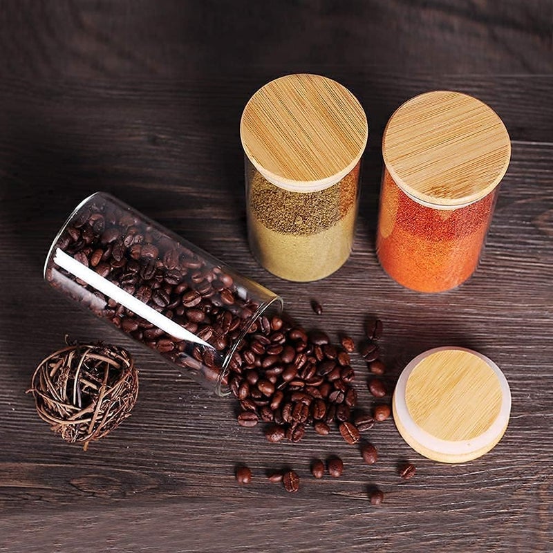 KRIVAL Glass Food Storage Canister with Airtight Bamboo Lid Set of 6 Clear Glass Jar Container with Seal Wooden Lid for Kitchen Pantry Serving Tea Coffee Sugar Flour Spices Round_320 ML - Image 3