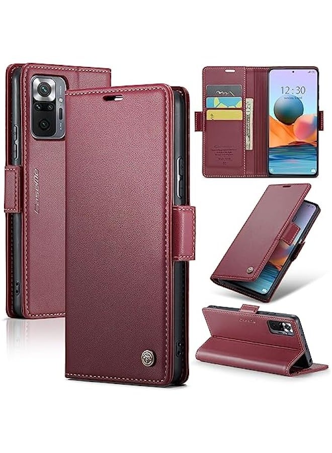 Xiaomi Redmi Note 10 Pro 4G\/Note 10 Pro Max RFID Blocking Leather Flip Case - Slim Shockproof Folio Wallet Cover with Card Holder, Kickstand, Cash Slot, Magnetic Closure (Red) - Image 1