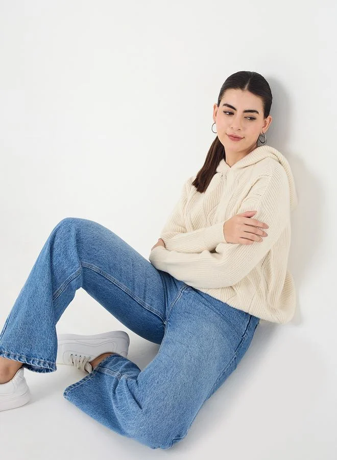 Femmella  Cream Pointelle Oversized Hooded Sweater for Women | Best Price UAE