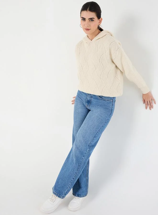 Femmella  Cream Pointelle Oversized Hooded Sweater for Women | Best Price UAE
