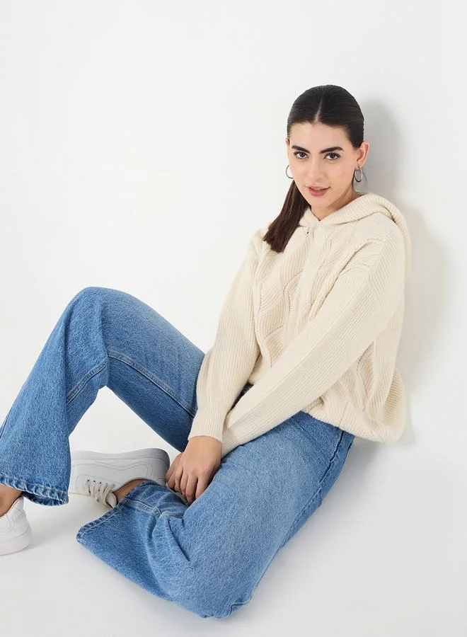 Femmella  Cream Pointelle Oversized Hooded Sweater for Women | Best Price UAE