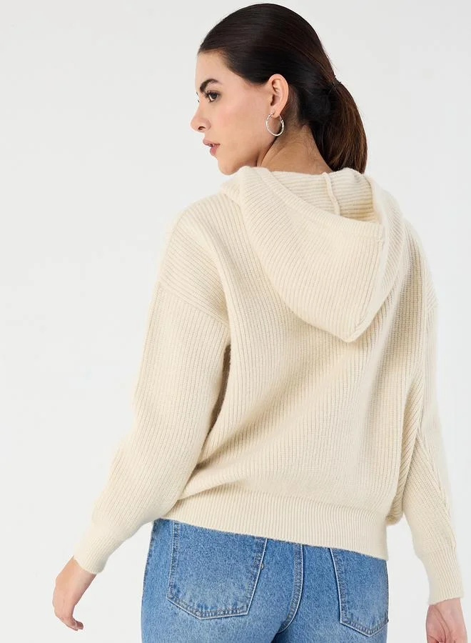 Femmella  Cream Pointelle Oversized Hooded Sweater for Women | Best Price UAE