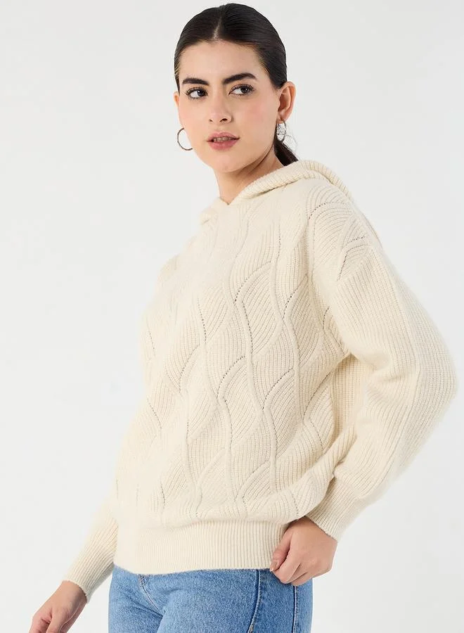 Femmella Cream Pointelle Oversized Hooded Sweater