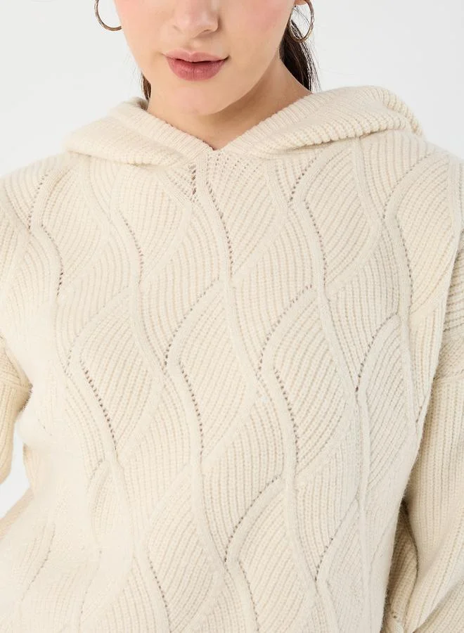 Femmella  Cream Pointelle Oversized Hooded Sweater for Women | Best Price UAE