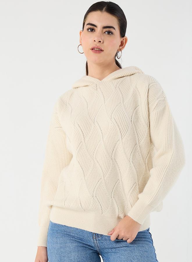 Femmella Cream Pointelle Oversized Hooded Sweater - Image 2