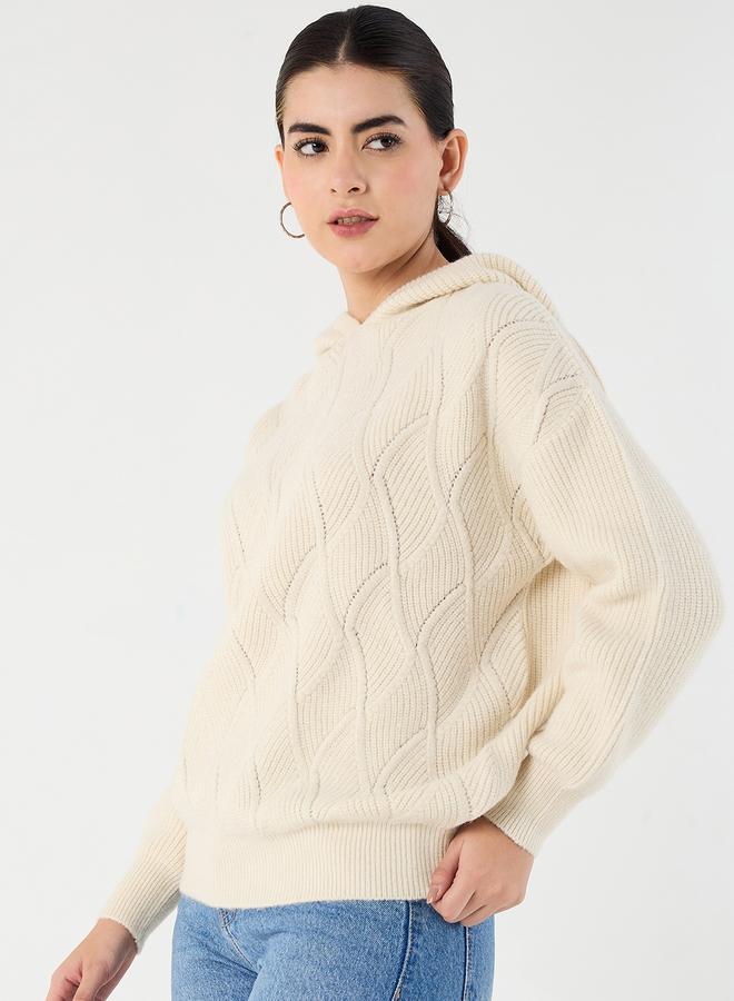 Femmella Cream Pointelle Oversized Hooded Sweater - Image 1
