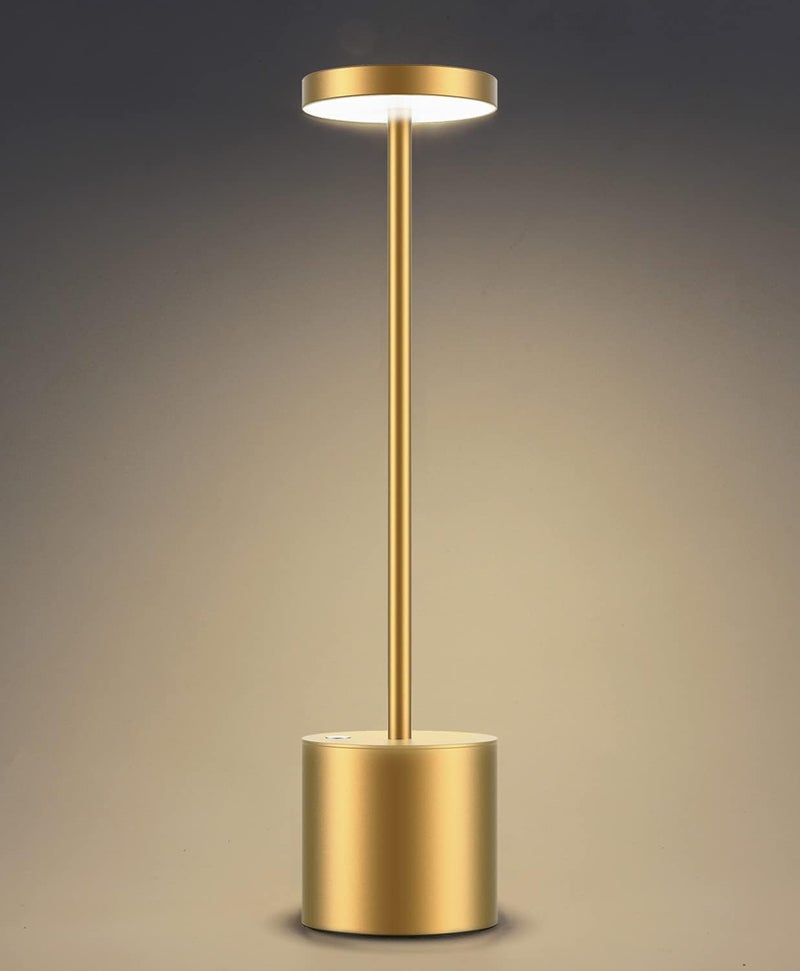 يبين مصباح طاولة لاسلكي، بطارية LED قابلة لإعادة الشحن 6000mAh، هيكل معدني، مصباح مكتب محمول يعمل عبر USB، 3 مستويات سطوع للمطاعم والخارج (ذهبي 13.25 بوصة) - Image 1