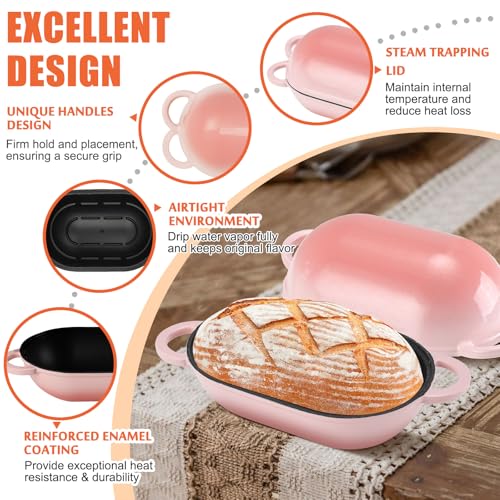 NSIRONS Enameled Cast Iron Oval Dutch Oven Pot with Lid, 5 QT Dutch Oven for Sourdough Bread Baking, Bread Loaf Pan with Lid & Bread Oven (Pink) - Image 3