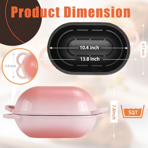 NSIRONS Enameled Cast Iron Oval Dutch Oven Pot with Lid, 5 QT Dutch Oven for Sourdough Bread Baking, Bread Loaf Pan with Lid & Bread Oven (Pink) - Image 2