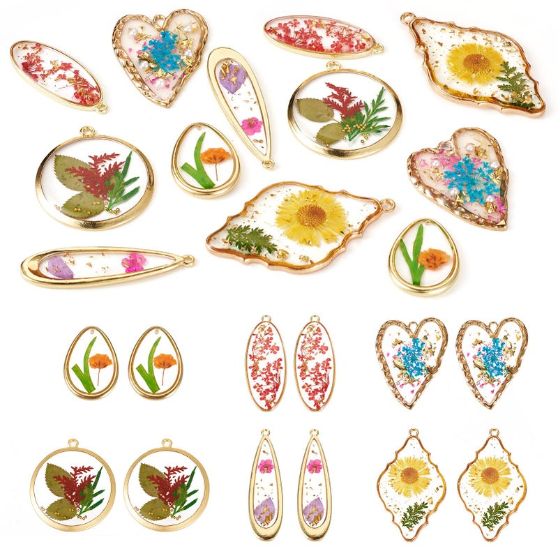 Spritewelry Transparent Flower Resin Charms Round Gold Edge Dried Floral Pendants Flat Round Clear Gold Foil Floral Charms for Necklace Bookmark Keychain Jewelry Making (Flower-5) - Image 1