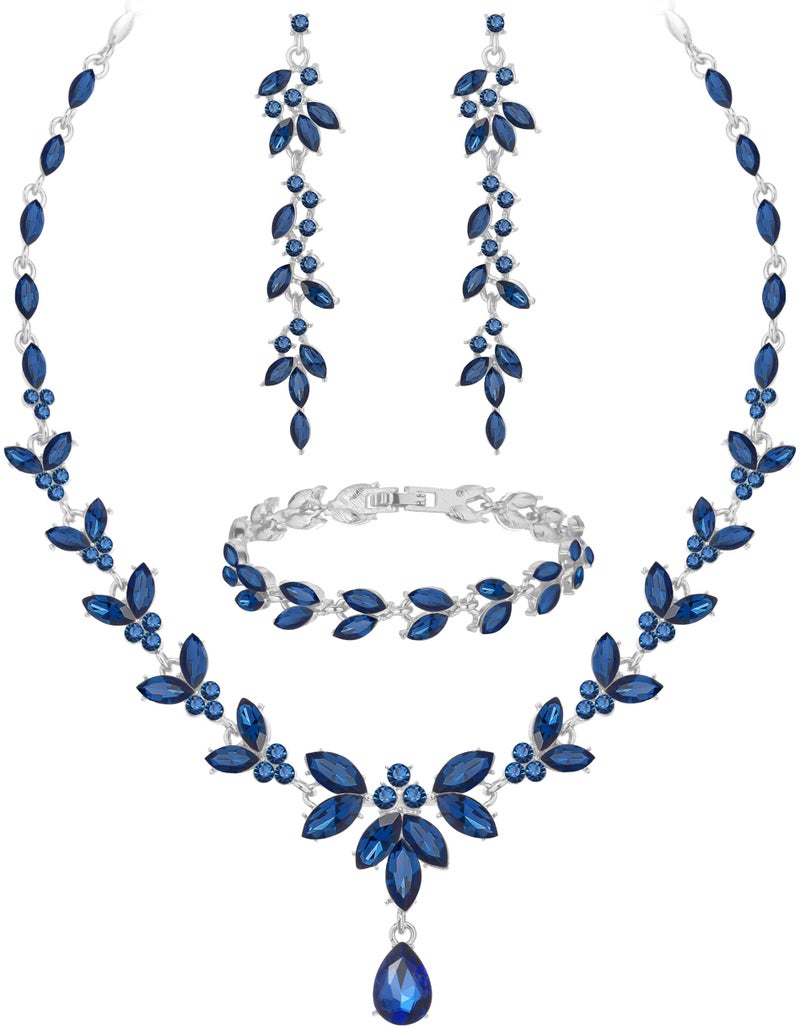 Paxuan Wedding Jewelry Sets for Bride Bridesmaid Bridal Jewelry Set for Women Wedding Crystal Necklace Earrings Bracelet Set for Party Prom Jewelry (Sapphire Blue - Silver) - Image 1