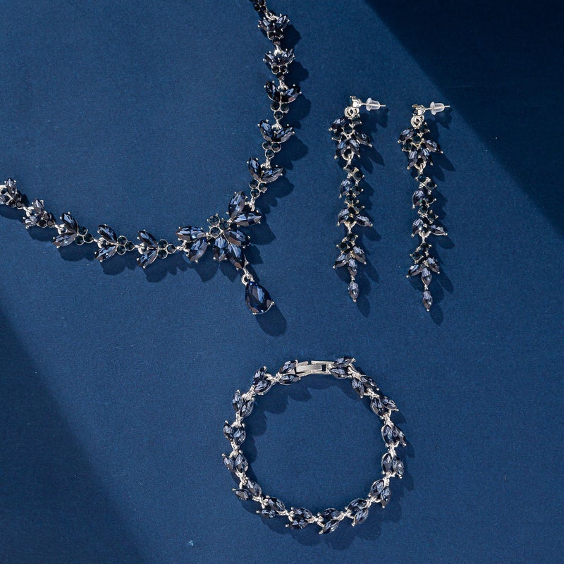 Paxuan Wedding Jewelry Sets for Bride Bridesmaid Bridal Jewelry Set for Women Wedding Crystal Necklace Earrings Bracelet Set for Party Prom Jewelry (Sapphire Blue - Silver) - Image 4