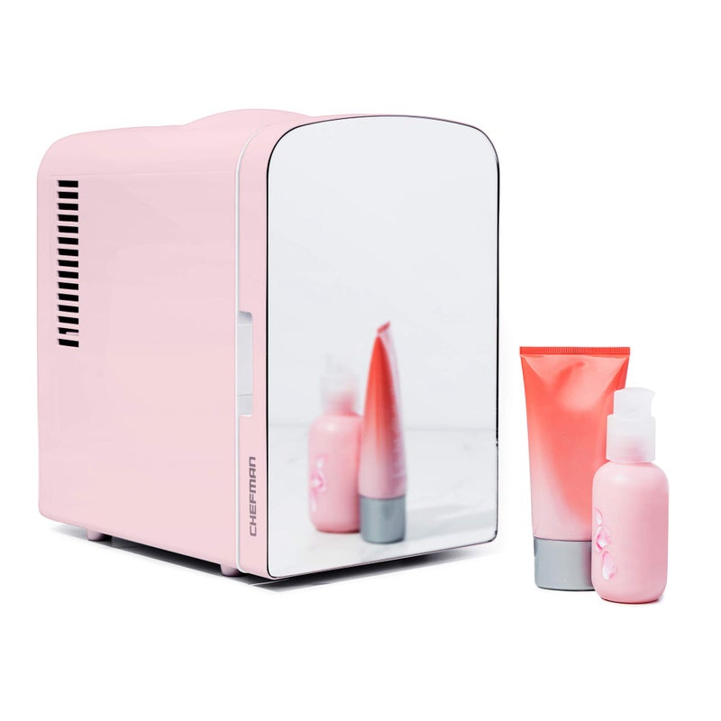 Chefman Chefman  Iceman Portable Mirrored Personal Fridge 4L Mini Refrigerator Skin Care Makeup Storage Beauty Serums  Face Masks Small For Desktop Or Travel Cool  Heat Cosmetic Application Pink 