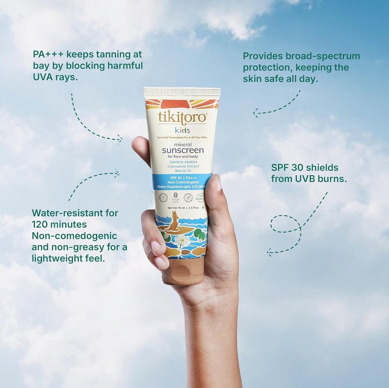 Tikitoro واقي شمس معدني للأطفال من تيكيتورو SPF 30 PA مضاد للحساسية مختبر من قبل أطباء الجلدية مع البابونج والنياسيناميد وأكسيد الزنك يمنع التسمير يرطب البشرة 100% نباتي خالي من البارابين والكبريتات 75 مل - Image 3