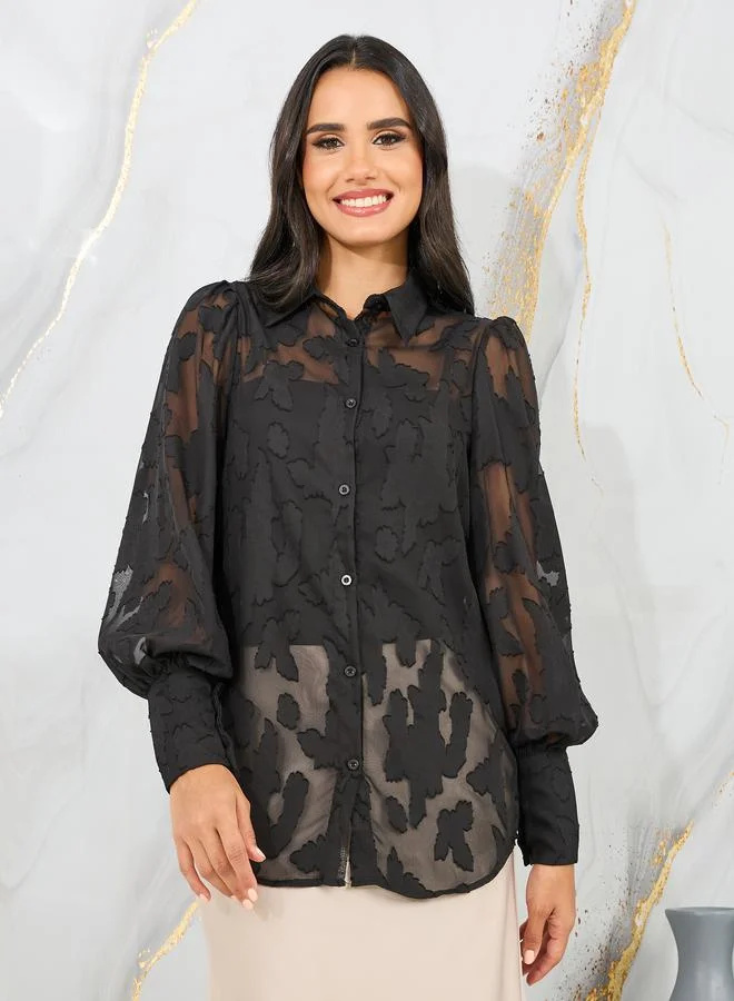Styli Sheer Burnout Texture Bishop Sleeves Shirt