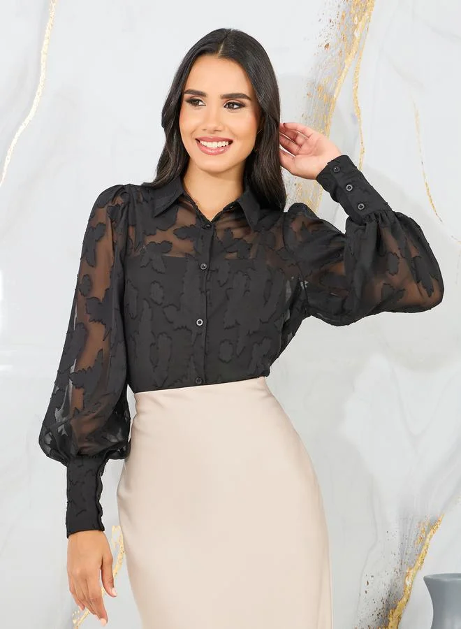 Styli Sheer Burnout Texture Bishop Sleeves Shirt