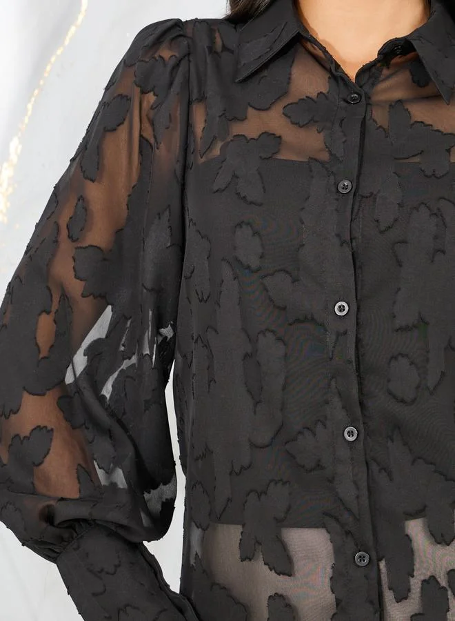 Styli Sheer Burnout Texture Bishop Sleeves Shirt