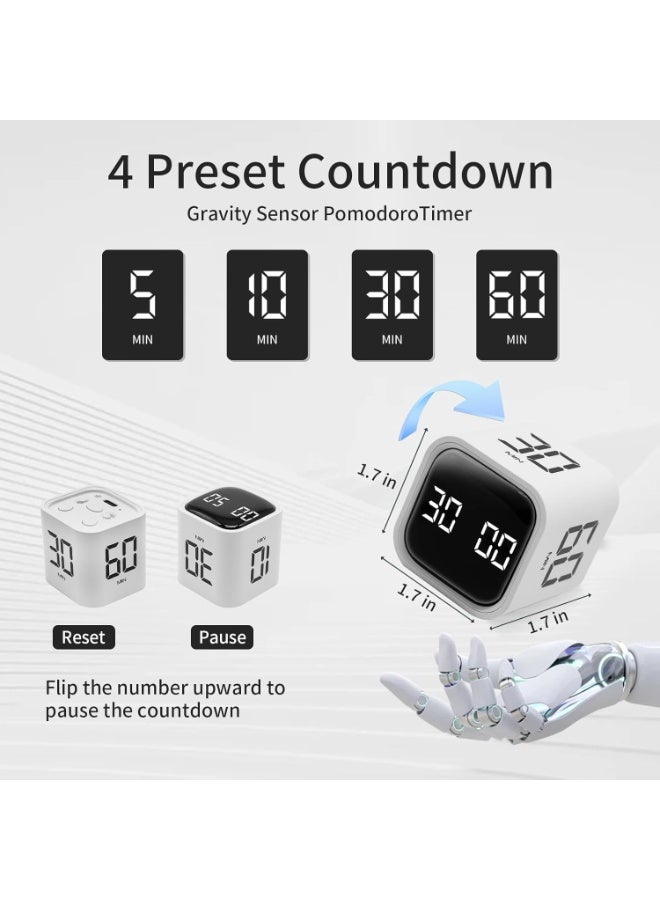 Rotating Pomodoro Timer 5, 25, 10 50 Minutes Preset, Desk Productivity Flip Timer, ADHD Tool Cube Countdown Stopwatch, Vibration/High/Low Volume/Custom Modes, for Work, Study, Back to School, White - Image 2