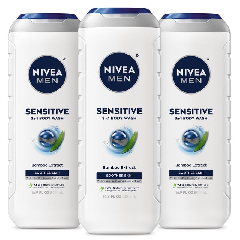 NIVEA MEN Sensitive Body Wash with Bamboo Extract, Moisturizing Body Wash for Sensitive Skin, Soap Free Shower Gel for Men with No Drying Alcohol, 16.9 Fl Oz Bottle, Pack of 3 - Image 1