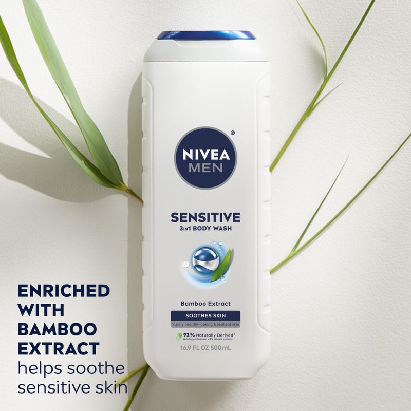 NIVEA MEN Sensitive Body Wash with Bamboo Extract, Moisturizing Body Wash for Sensitive Skin, Soap Free Shower Gel for Men with No Drying Alcohol, 16.9 Fl Oz Bottle, Pack of 3 - Image 3
