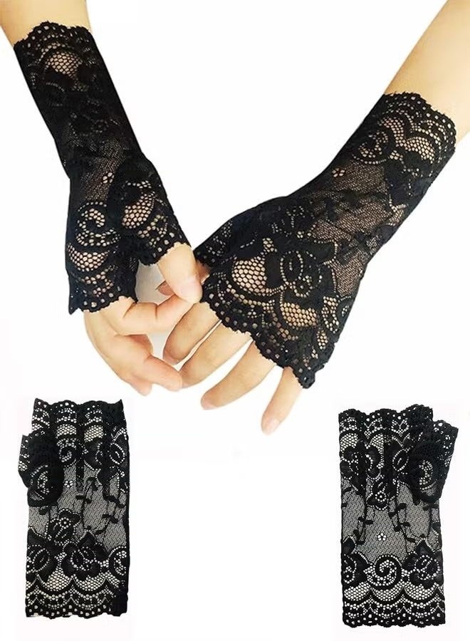 2 Pairs Women's Short Lace Gloves Sun Protection Fingerless Bridal Wrist Gloves Opera Gala Wedding Tea Party Dance Role Play 1920s - Image 4