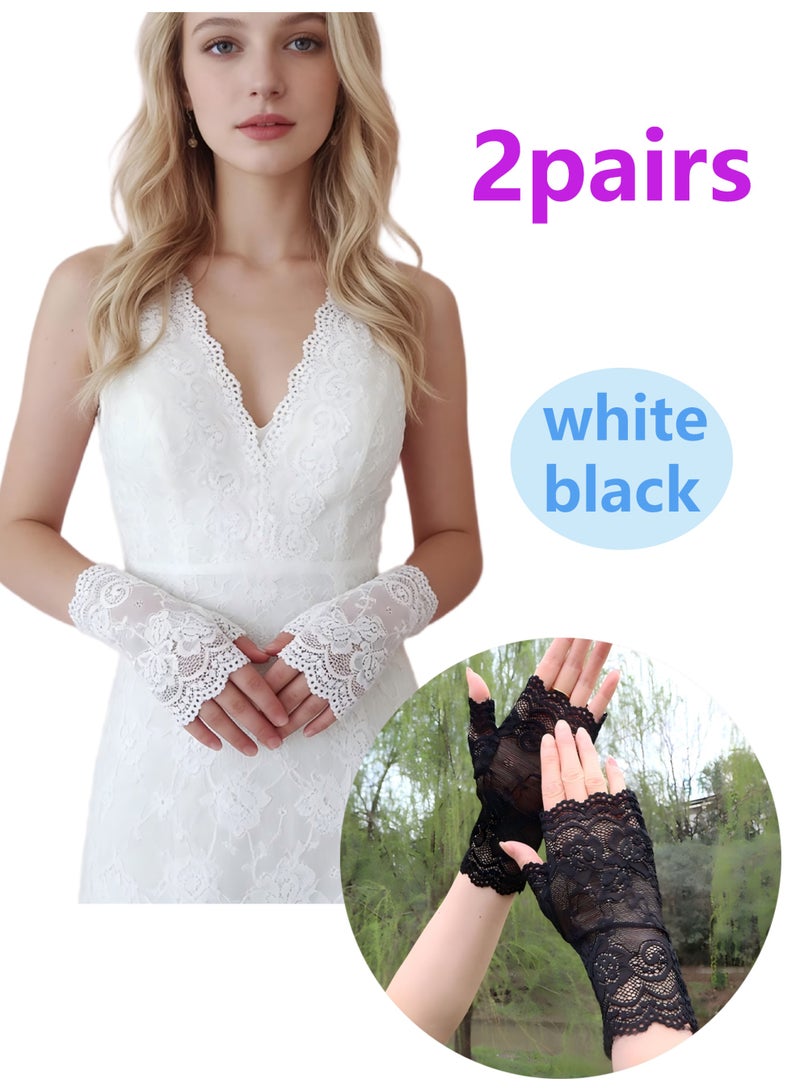 2 Pairs Women's Short Lace Gloves Sun Protection Fingerless Bridal Wrist Gloves Opera Gala Wedding Tea Party Dance Role Play 1920s - Image 1
