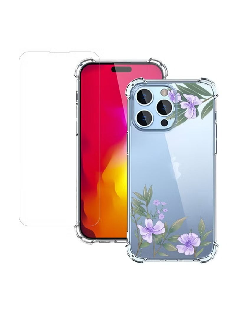 X-level iPhone 14 Pro Case Flowers Pattern Transparent Mobile Phone Back Four Corner Shockproof Protective Full Body Protection With 1 Screen Film Tempered Glass Cover Protector For Women Girl  - Image 1