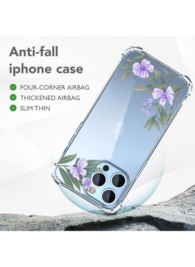 X-level iPhone 14 Pro Case Flowers Pattern Transparent Mobile Phone Back Four Corner Shockproof Protective Full Body Protection With 1 Screen Film Tempered Glass Cover Protector For Women Girl  - Image 5