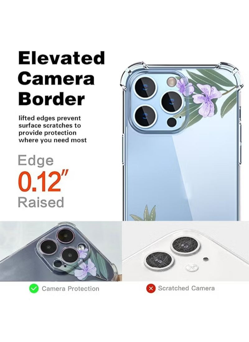 X-level iPhone 14 Pro Case Flowers Pattern Transparent Mobile Phone Back Four Corner Shockproof Protective Full Body Protection With 1 Screen Film Tempered Glass Cover Protector For Women Girl  - Image 3