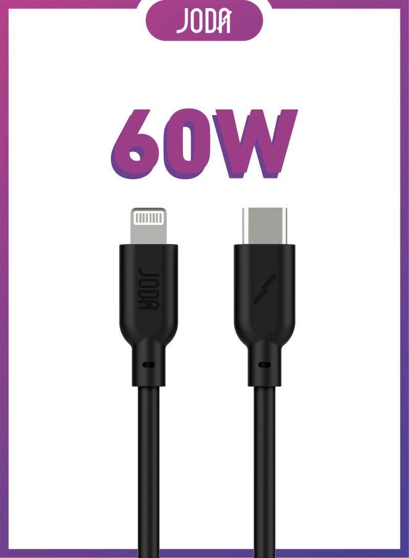 JODA 60W C to Lightning 1M Black Braided Nylon Cable – 🔌 60W Fast Charging ⚡, Braided Nylon Cable 💪, Safe Fast Charging 🛡️, Smart Device & iPhone Charging Cable 📱, Durable Charger 🔧, Long-Lasting Charging Cable 🔋, USB-C Cable Charger 🔌, Super-Fast Charging ⚡, 1 Meter Cable 📏, iPhone & Android Charger 📱🔋, Strong & Flexible Charging Cable 💯 - Image 1