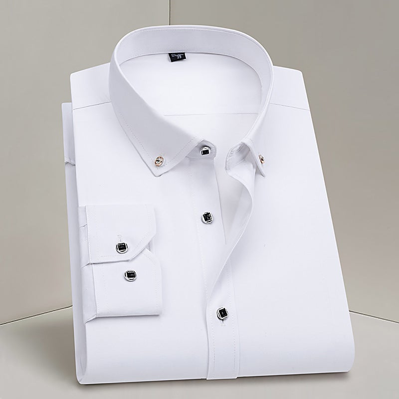 Cross-border Mens Wear Elastic White Shirt Long Sleeve Business Casual Slimming Smooths Your Silhouette Solid Color White