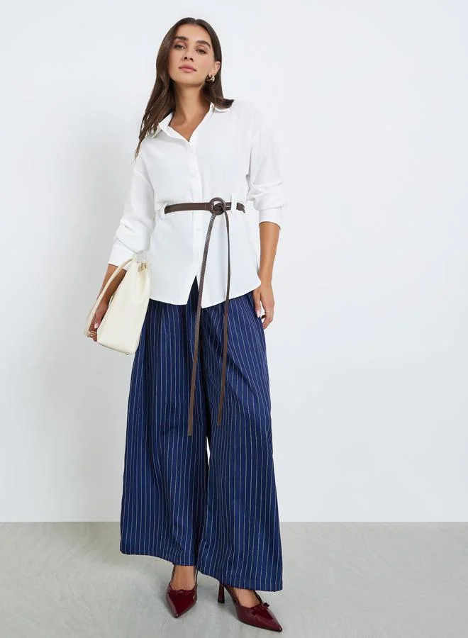 Styli Women White Plain Long Sleeve Shirt with Belt