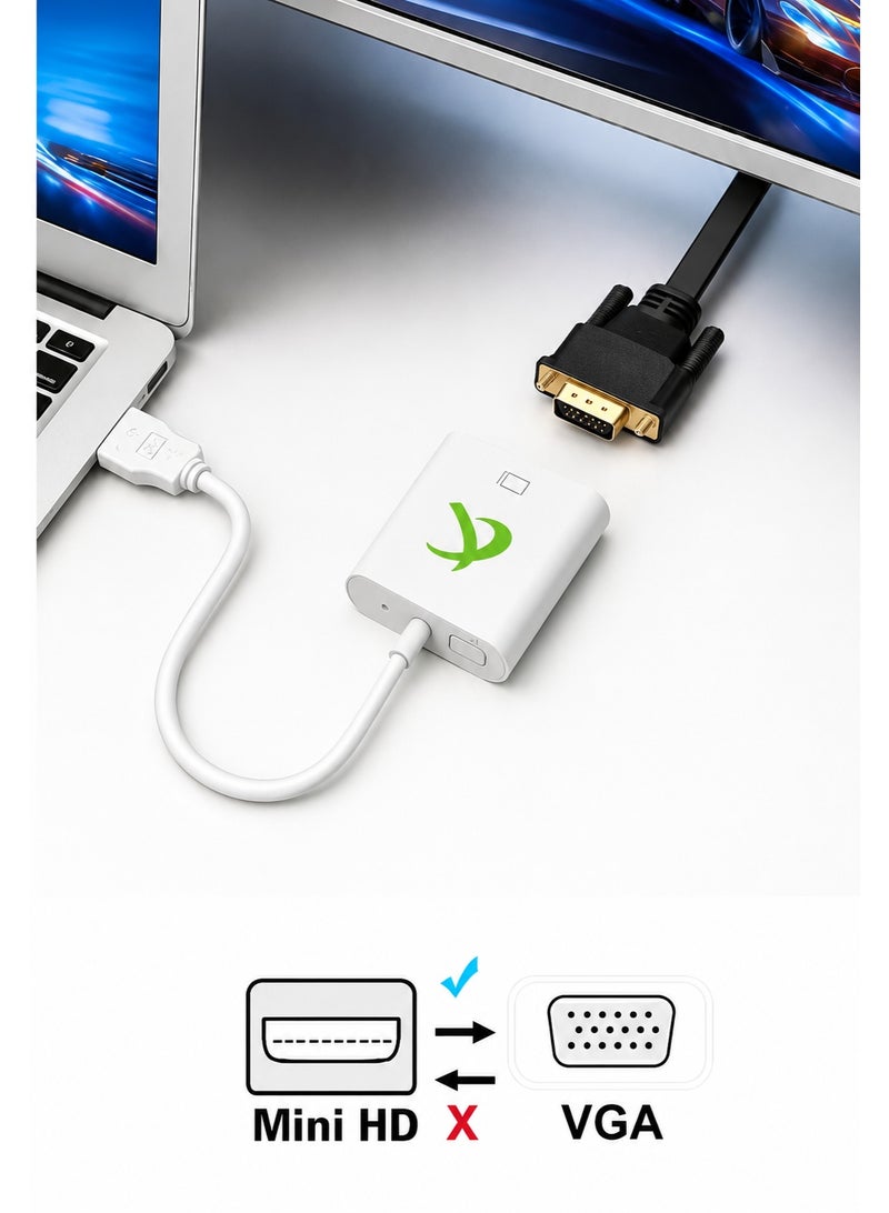 فوجيشكا محول Mini HDMI إلى VGA – وصلة محول ذكر إلى أنثى للفيديو، جودة 1080p، متوافق مع PC/TV/HDTV، طول 25 سم، أبيض - Image 4