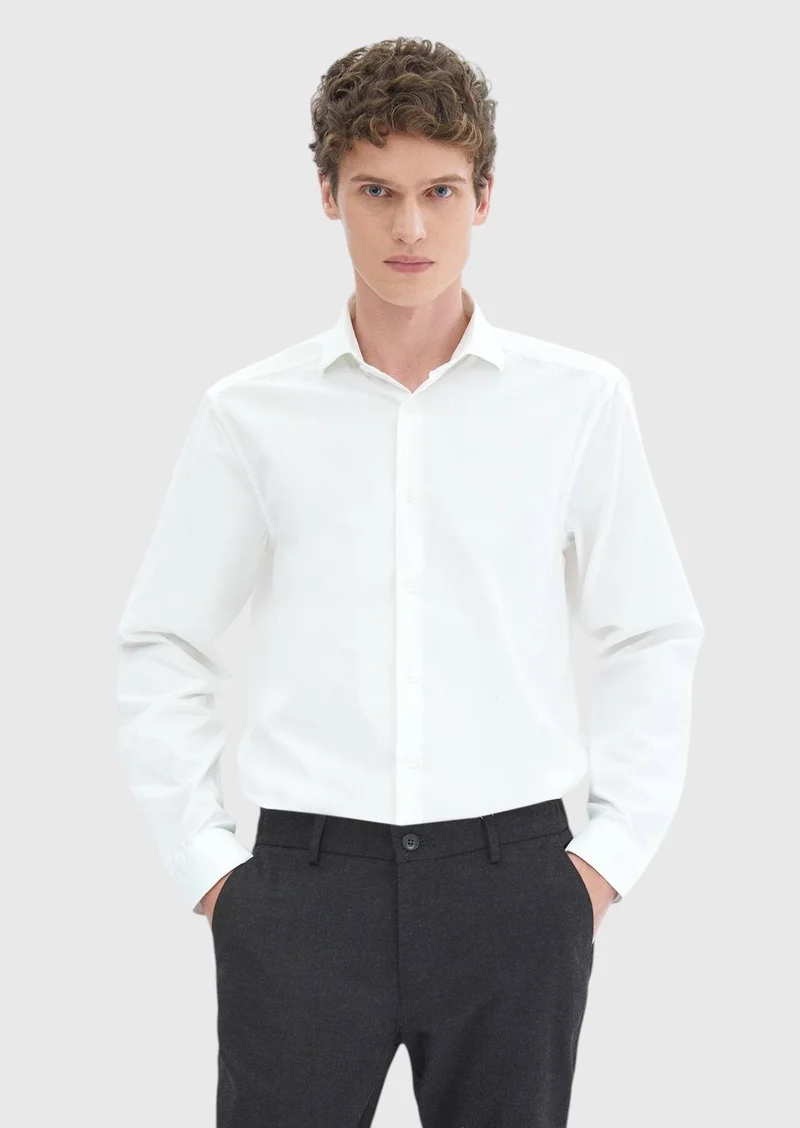 RAMSEY White Plain Casual Fit Long Weaving Casual 100% Cotton Shirt