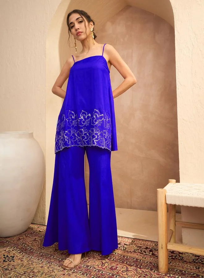 SASSAFRAS Navy Embroidered Strappy Kurta and Palazzos Set