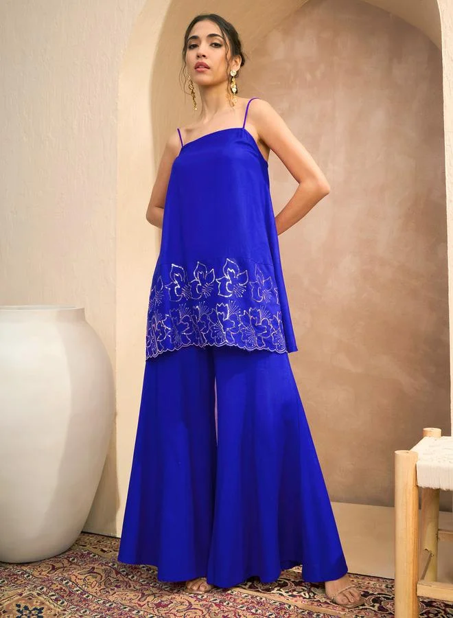 SASSAFRAS Navy Embroidered Strappy Kurta and Palazzos Set
