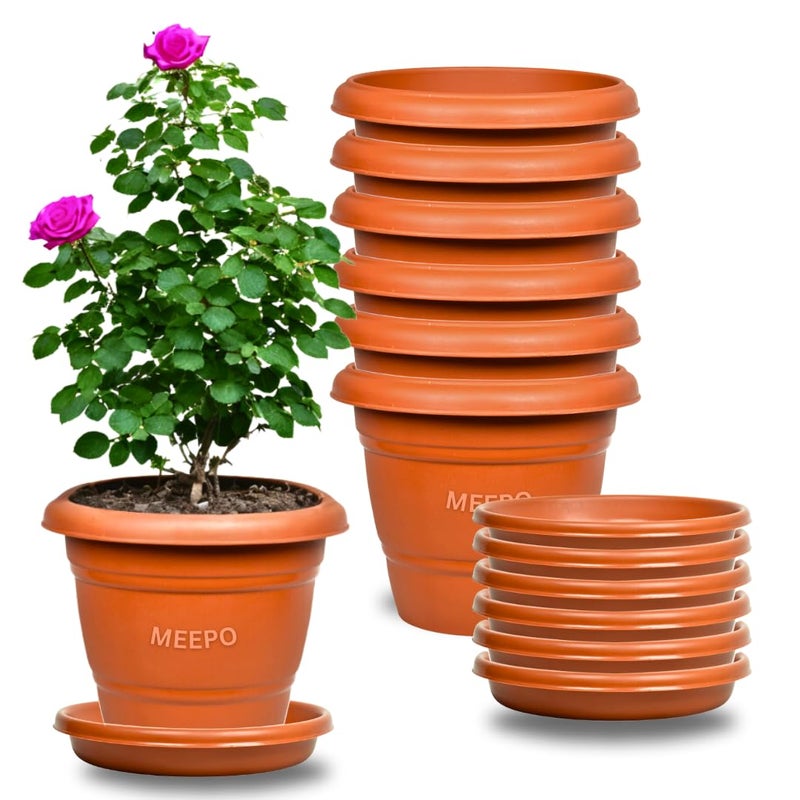 Meepo Brown Planters with Bottom Plates - 6 Pcs, Gamla Pots for Home, Plant Containers, Indoor Outdoor Balcony Flower Pots, Drip Tray Pots with Plates (14 Inch, Pack of 6) - Image 4