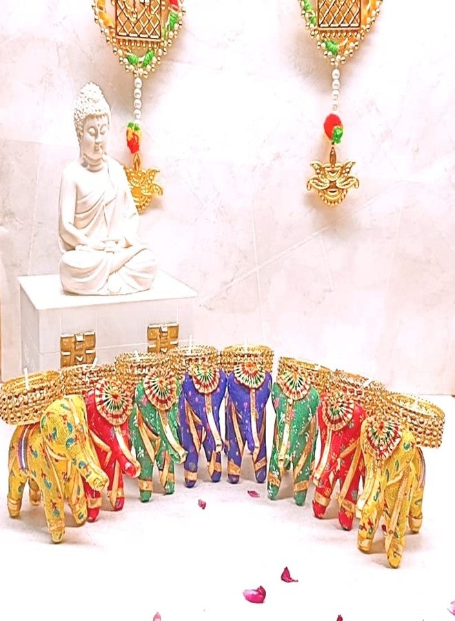 GUUCHUU Handcrafted Recycled Material Elephant Tealight Candle Holder Home Decoration Item for Diwali, Rangoli, Ganesh Chathurthi, Janmashtmi, Festival (8 X 5 X 10 cm) - Pack of 6 Multicolor - Image 1