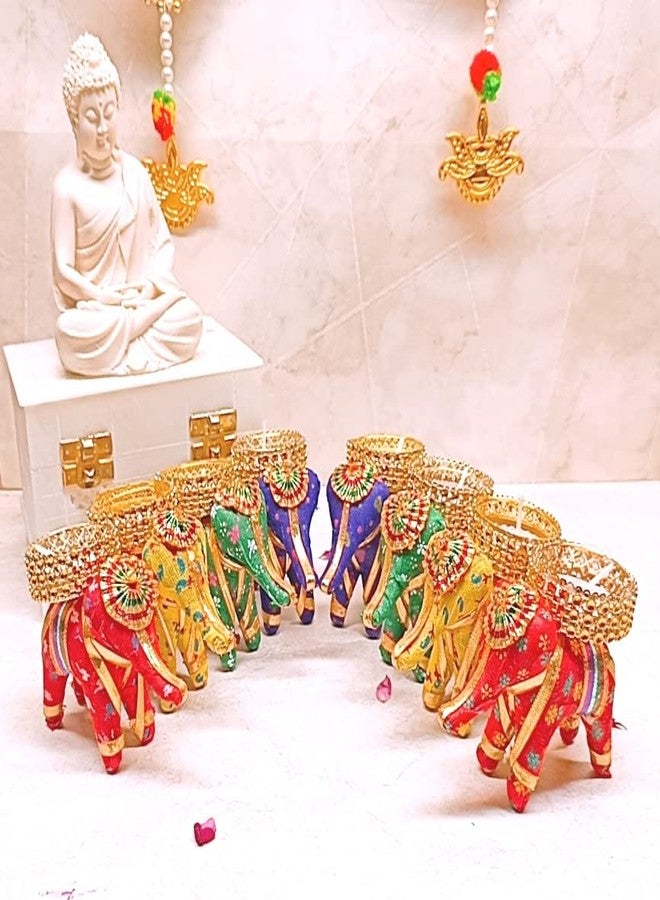 GUUCHUU Handcrafted Recycled Material Elephant Tealight Candle Holder Home Decoration Item for Diwali, Rangoli, Ganesh Chathurthi, Janmashtmi, Festival (8 X 5 X 10 cm) - Pack of 6 Multicolor - Image 4