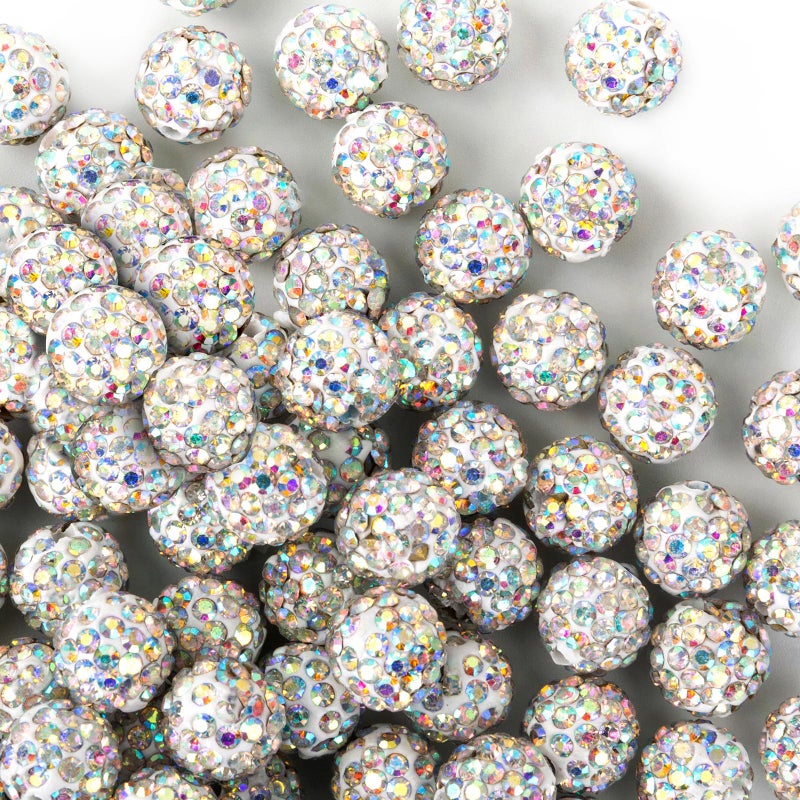 Jukercici 10mm Clay Rhinestone Beads for Bracelets 100 Pcs Sparkle Crystal Beads for Jewelry Making Glitter Round Shamballa Disco Ball Design for DIY Crafts Necklace Earrings Decoration White B - Image 3