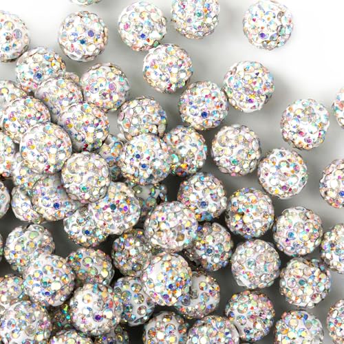 Jukercici 10mm Clay Rhinestone Beads for Bracelets 100 Pcs Sparkle Crystal Beads for Jewelry Making Glitter Round Shamballa Disco Ball Design for DIY Crafts Necklace Earrings Decoration White B - Image 1