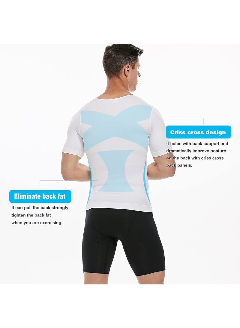 Zikra Men's Compression Shirt, Slimming Body Shaper Undershirt, Slimming baselayer T-Shirt, Workout Vest, Abs Abdomen Slim Body Shaper, T-Shirt Workout, XL, White - Image 4